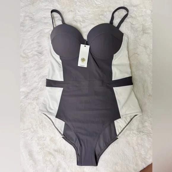 Tory Burch Lipsi Colorblock Gray White Bandeau One-Piece Swimsuit, Large - Picture 2 of 8